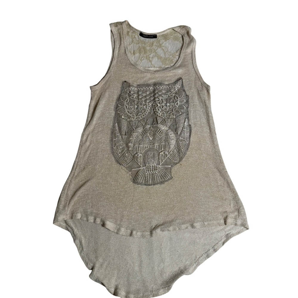 Cozy Casual Womens Metallic Knit Owl Embroidered High Low Lace Back Tank Top
